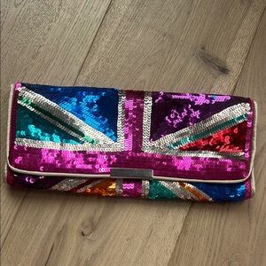 Sequin Union Jack Clutch, has a thin silver chain!